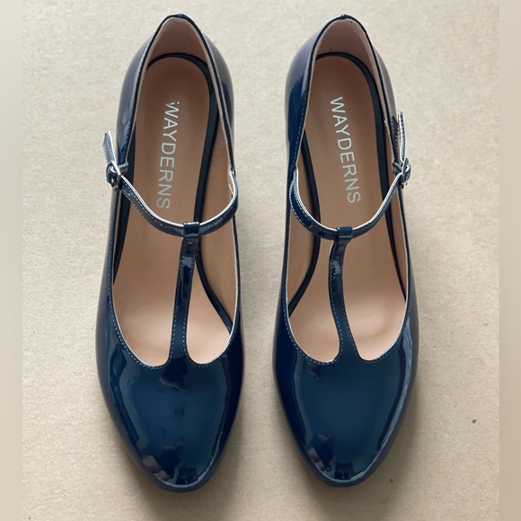 Navy Patent Mary Jane T-strap Low Heels - Picture 6 of 11